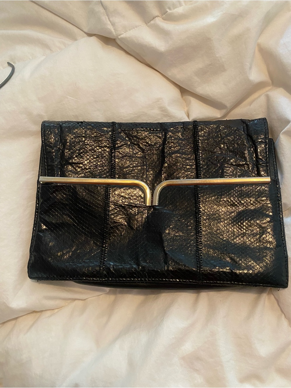 Vtg Black Snakeskin Fold-Over Clutch with Gold Accent 60s glam boho festival